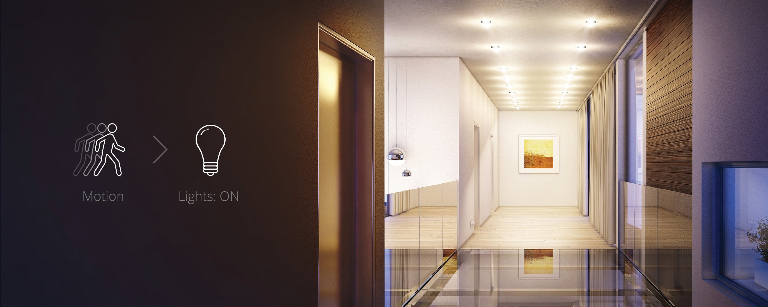 A long, lit hallway with a graphic of motion operating the lights.