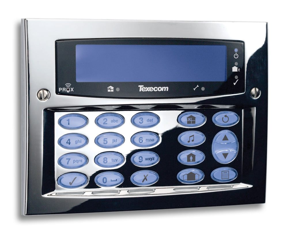 A 'Polished Chrome' Texecom Domestic Alarm Panel against a white background.