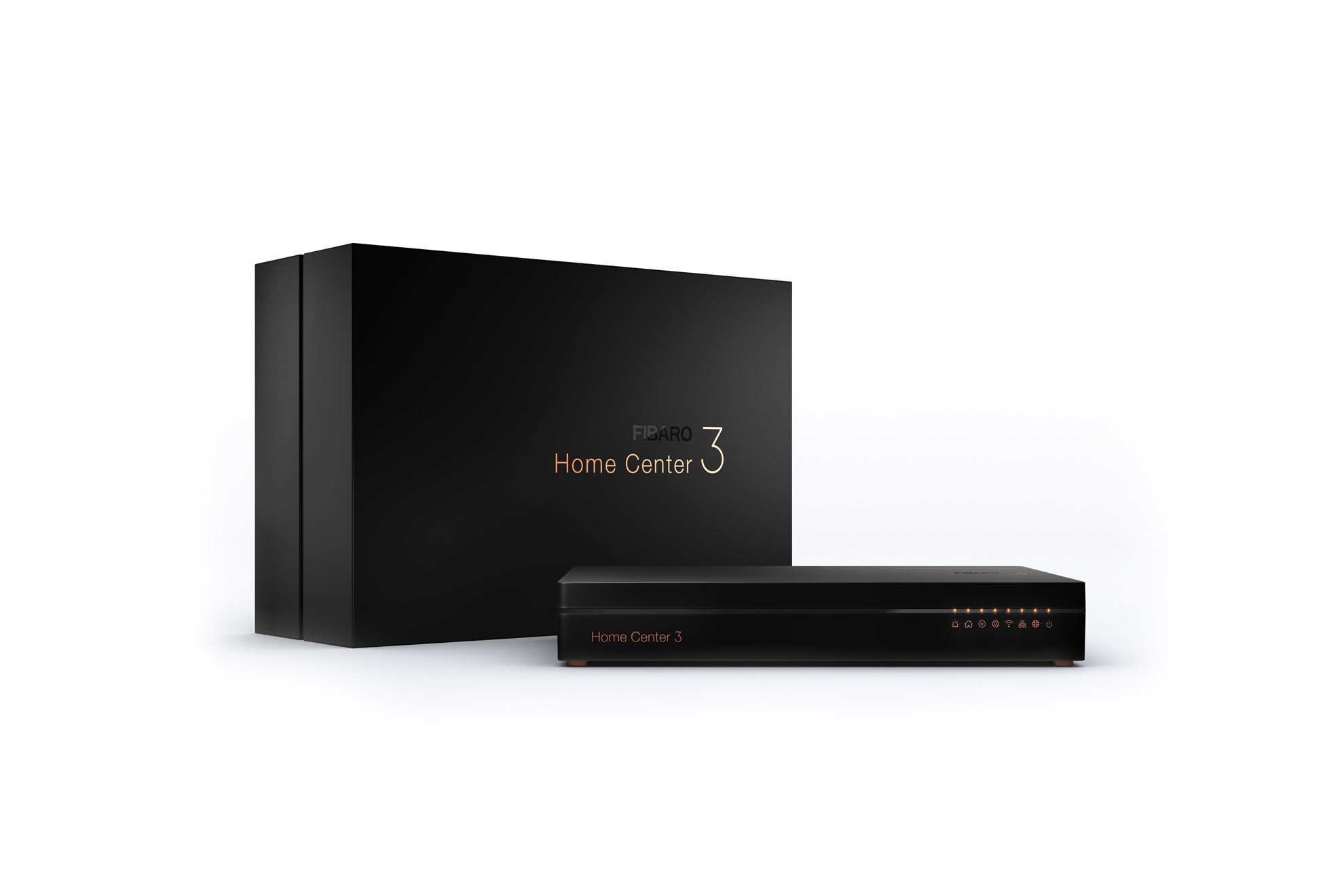 FIBARO Home Center 3 next to its external packaging, on a white background.