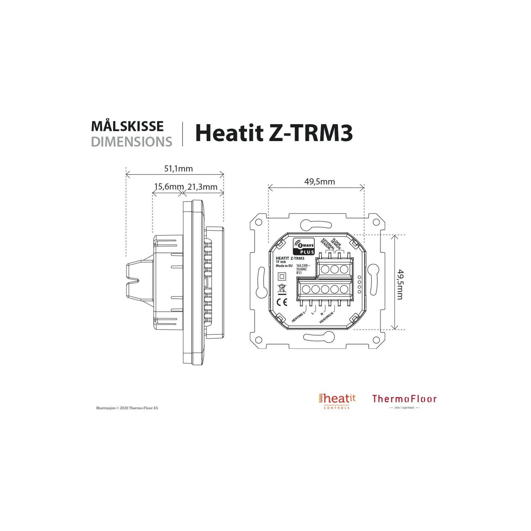 Heatit Z-TRM3 White Z-Wave Electric Heating Thermostat 3600W 16A