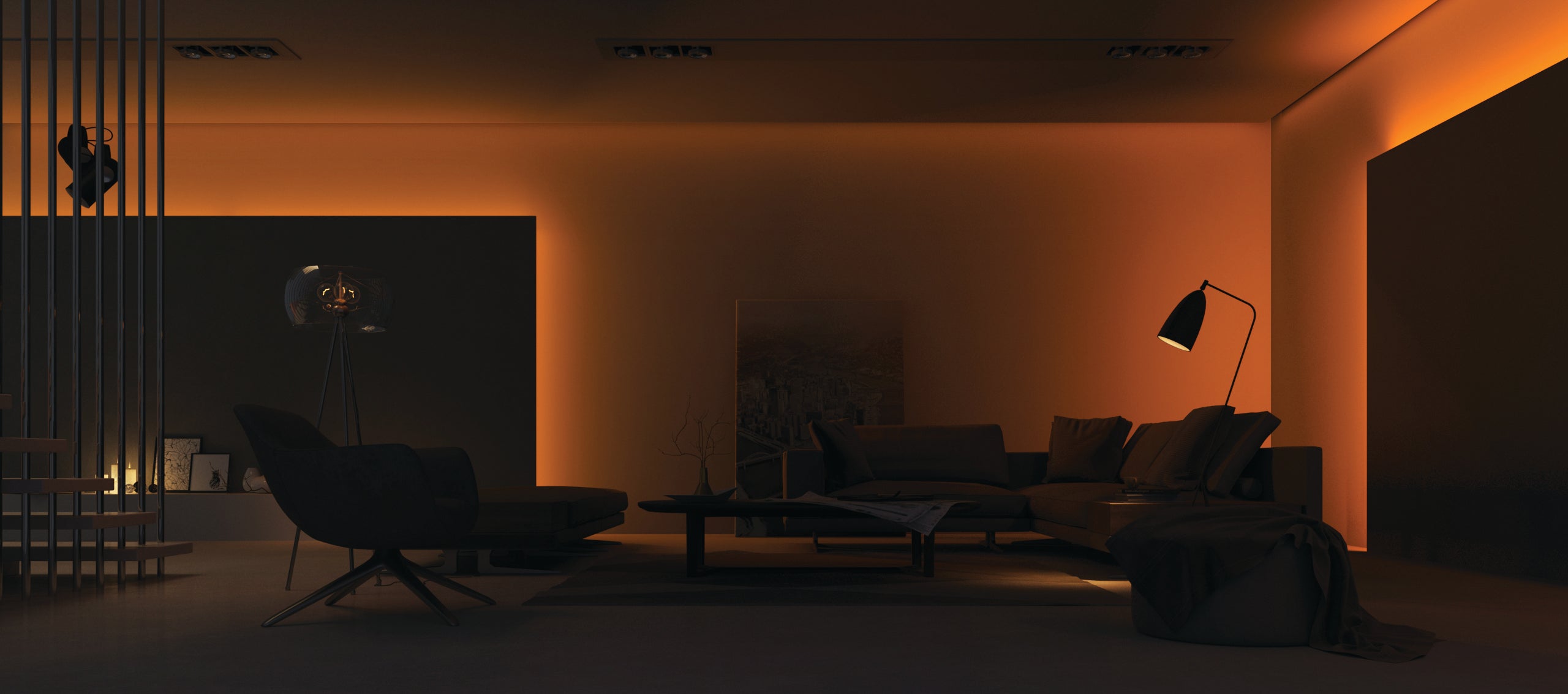A silhouette of a sitting room, backlit by orange LEDs. 