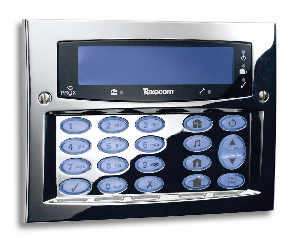 A 'Polished Chrome' Texecom Domestic Alarm Panel against a white background. 