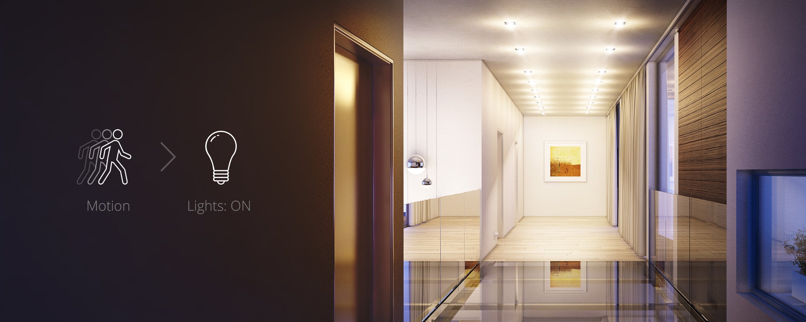 An image of a dimly lit hallway with a painting at the far end. A graphic highlighting how motion will activate the lighting is on the left of the image. 