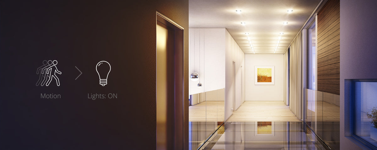 An image of a dimly lit hallway with a painting at the far end. A graphic highlighting how motion will activate the lighting is on the left of the image. 
