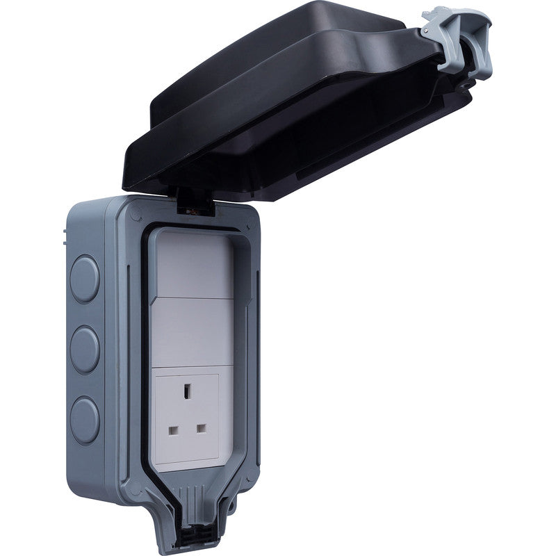 An outdoor smart socket with the lid open. 