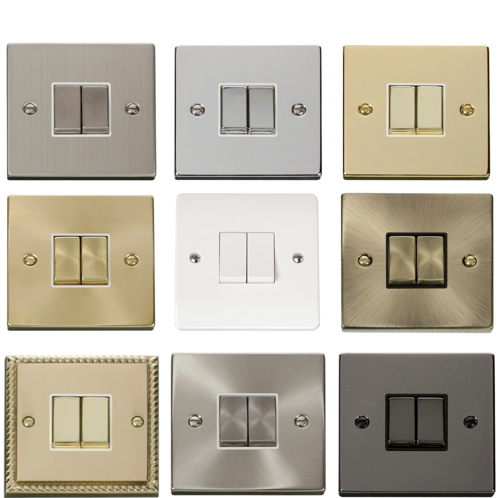 9, 2 button light switches arranged in a square in 9 different decorative finishes. 