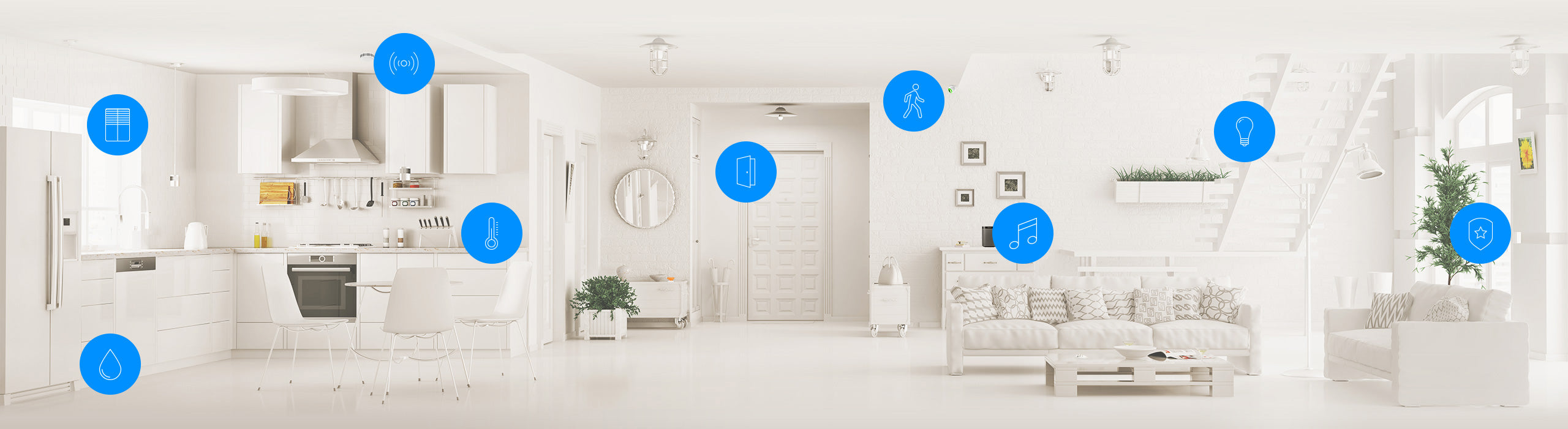 An image of an open plan living area finished in a minimalist, neutral style with various blue circular icons to represent home automation components.