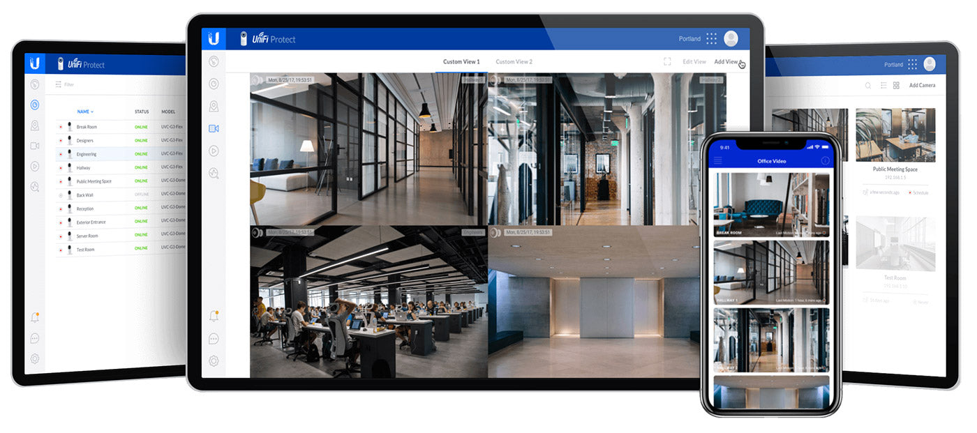 The Unifi 'Protect' application is seen on a smartphone and numerous tablets, showing a live CCTV camera feed. 