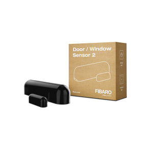 FIBARO Smart Home Door and Window Sensor, black, front view with packaging