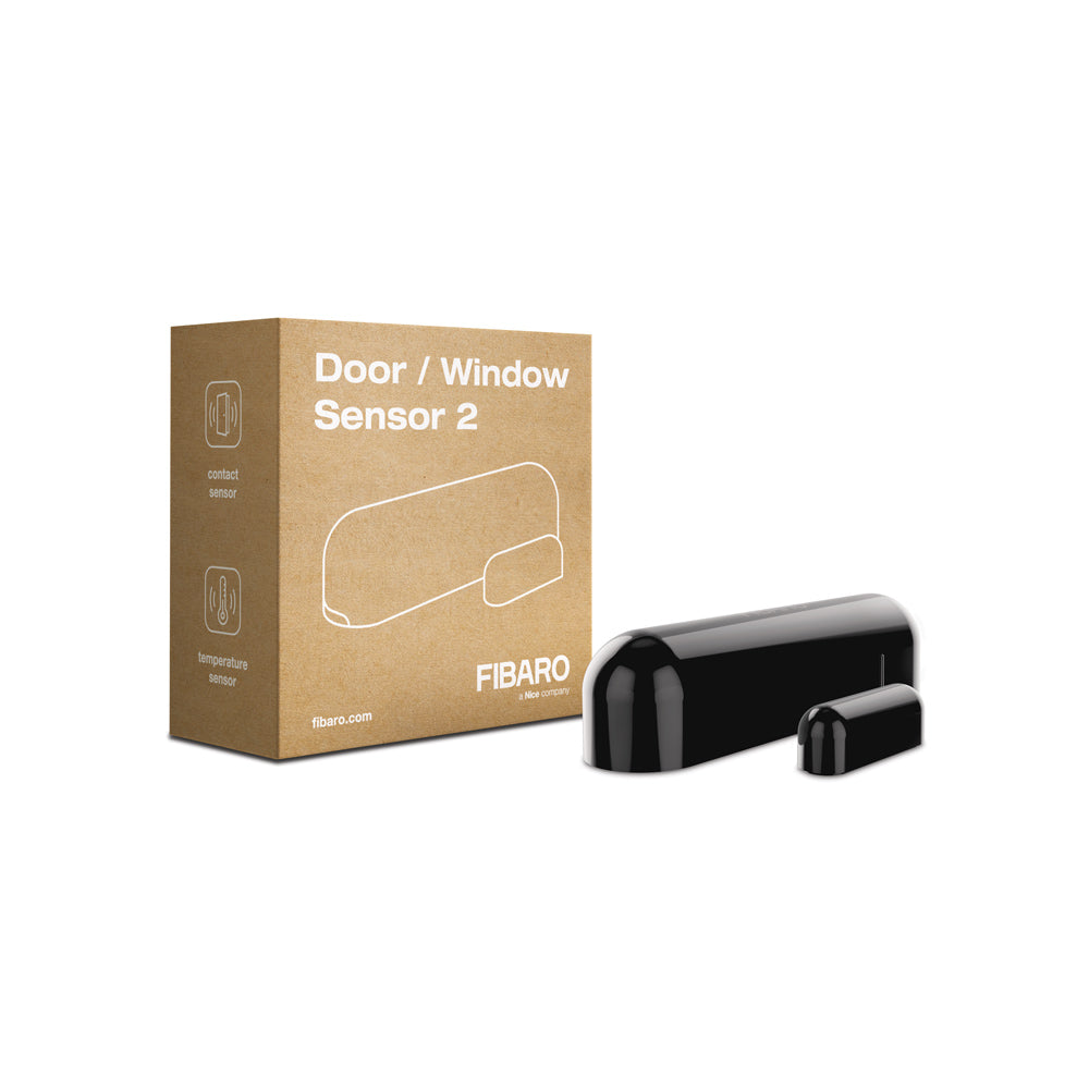 FIBARO Smart Home Door and Window Sensor, black, side view with packaging