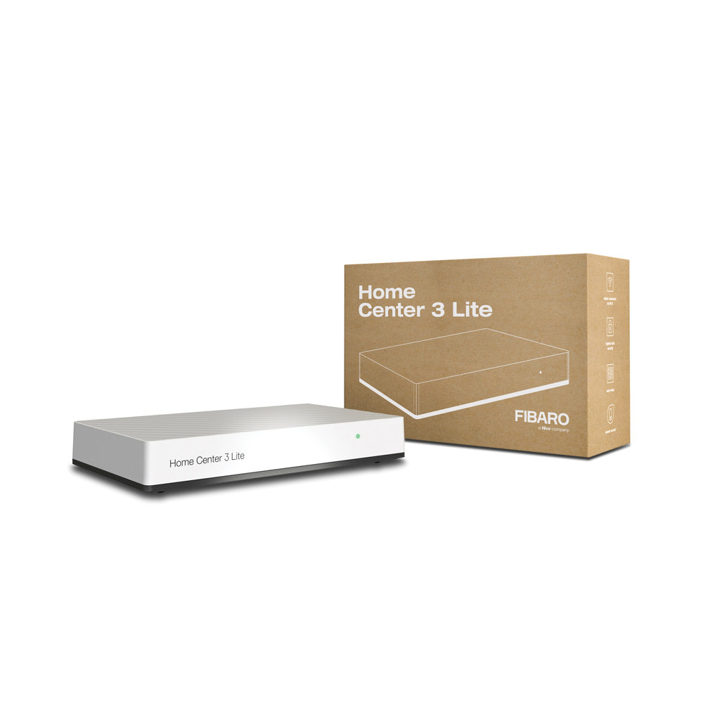 Fibaro Smart Home Central Controller, specifically for UK buildings, side view with packaging. 