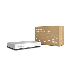 Fibaro Smart Home Central Controller, specifically for UK buildings, side view with packaging. 