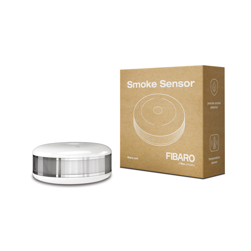 Smart Home smoke sensor side view with packaging 